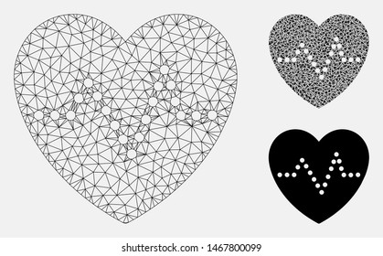 Mesh heart pulse model with triangle mosaic icon. Wire carcass triangular mesh of heart pulse. Vector mosaic of triangle elements in different sizes, and color shades. Abstract flat mesh heart pulse,