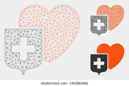 Mesh heart shield model with triangle mosaic icon. Wire carcass triangular mesh of heart shield. Vector composition of triangle parts in different sizes, and color tints.