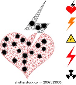 Mesh heart strike polygonal icon vector illustration, with black virus elements. Model is created from heart strike flat icon, with coronavirus elements and polygonal net.