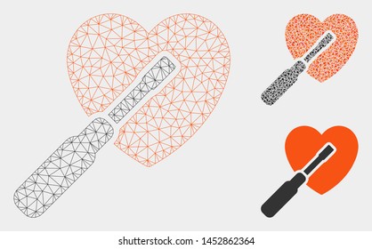 Mesh heart tuning model with triangle mosaic icon. Wire frame polygonal mesh of heart tuning. Vector mosaic of triangle elements in variable sizes, and color tones. Abstract 2d mesh heart tuning,