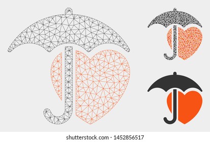 Mesh heart umbrella protection model with triangle mosaic icon. Wire carcass polygonal mesh of heart umbrella protection. Vector mosaic of triangles in variable sizes, and color tints.