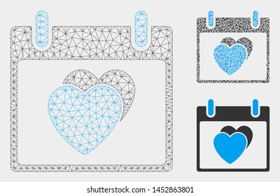 Mesh hearts calendar day model with triangle mosaic icon. Wire frame polygonal network of hearts calendar day. Vector mosaic of triangle parts in variable sizes, and color hues.