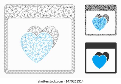 Mesh hearts calendar page model with triangle mosaic icon. Wire carcass triangular mesh of hearts calendar page. Vector composition of triangle elements in different sizes, and color shades.