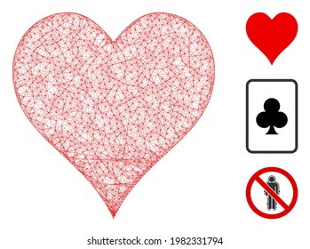 Mesh hearts suit polygonal web icon vector illustration. Carcass model is based on hearts suit flat icon. Triangle net forms abstract hearts suit flat carcass.