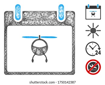 Mesh helicopter calendar day web 2d vector illustration. Carcass model is based on helicopter calendar day flat icon. Network forms abstract helicopter calendar day flat model.
