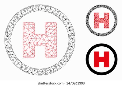 Mesh helicopter landing spot model with triangle mosaic icon. Wire carcass polygonal mesh of helicopter landing spot. Vector mosaic of triangle parts in variable sizes, and color tones.