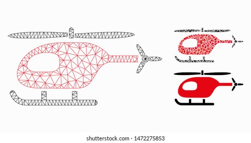 Mesh helicopter model with triangle mosaic icon. Wire carcass triangular mesh of helicopter. Vector composition of triangle parts in various sizes, and color hues. Abstract 2d mesh helicopter,