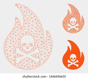 Mesh hell fire model with triangle mosaic icon. Wire carcass triangular network of hell fire. Vector mosaic of triangle parts in different sizes, and color hues. Abstract flat mesh hell fire,
