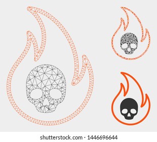 Mesh hell fire model with triangle mosaic icon. Wire carcass polygonal network of hell fire. Vector mosaic of triangle elements in variable sizes, and color shades. Abstract flat mesh hell fire,