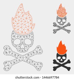 Mesh hell fire model with triangle mosaic icon. Wire frame triangular mesh of hell fire. Vector mosaic of triangles in various sizes, and color tints. Abstract flat mesh hell fire,