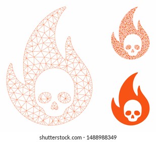 Mesh hell fire model with triangle mosaic icon. Wire frame triangular mesh of hell fire. Vector collage of triangle elements in variable sizes, and color tinges. Abstract flat mesh hell fire,