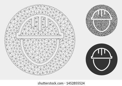 Mesh helmet circle model with triangle mosaic icon. Wire carcass triangular mesh of helmet circle. Vector mosaic of triangle elements in different sizes, and color tones.