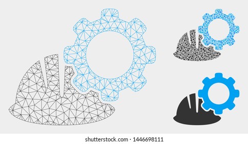 Mesh helmet and gear model with triangle mosaic icon. Wire carcass triangular mesh of helmet and gear. Vector mosaic of triangle elements in various sizes, and color tinges.