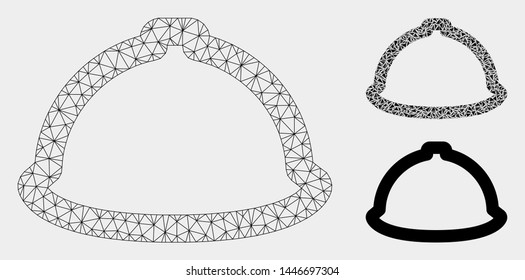 Mesh helmet model with triangle mosaic icon. Wire frame polygonal mesh of helmet. Vector mosaic of triangles in various sizes, and color shades. Abstract flat mesh helmet,