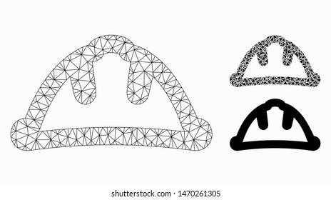 Mesh helmet model with triangle mosaic icon. Wire carcass polygonal mesh of helmet. Vector mosaic of triangle parts in variable sizes, and color tints. Abstract 2d mesh helmet,