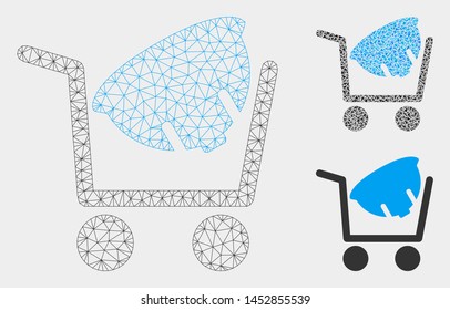 Mesh helmet shopping model with triangle mosaic icon. Wire frame polygonal mesh of helmet shopping. Vector mosaic of triangle elements in different sizes, and color tones.