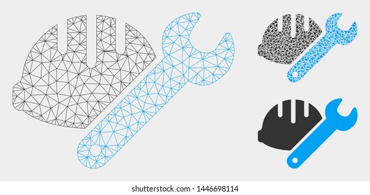 Mesh helmet with wrench model with triangle mosaic icon. Wire carcass polygonal mesh of helmet with wrench. Vector mosaic of triangle elements in various sizes, and color hues.