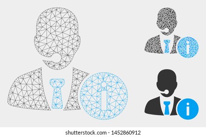 Mesh help desk manager model with triangle mosaic icon. Wire carcass triangular mesh of help desk manager. Vector mosaic of triangles in different sizes, and color tinges.