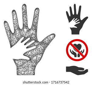 Mesh help hand polygonal web icon vector illustration. Carcass model is based on help hand flat icon. Triangular mesh forms abstract help hand flat model.
