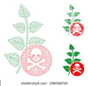 Mesh herbicide toxin model with triangle mosaic icon. Wire carcass polygonal mesh of herbicide toxin. Vector mosaic of triangle parts in different sizes, and color tinges.