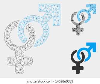 Mesh heterosexual symbol model with triangle mosaic icon. Wire frame polygonal mesh of heterosexual symbol. Vector mosaic of triangle elements in variable sizes, and color tints.