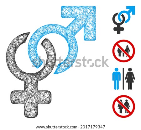 Mesh heterosexual symbol web icon vector illustration. Carcass model is created from heterosexual symbol flat icon. Mesh forms abstract heterosexual symbol flat model.