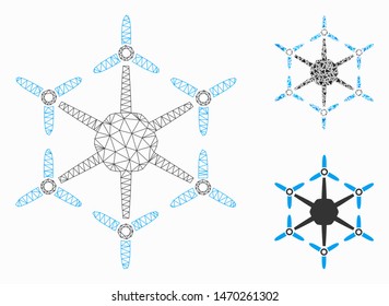 Mesh hexacopter model with triangle mosaic icon. Wire carcass polygonal mesh of hexacopter. Vector mosaic of triangle elements in variable sizes, and color tints. Abstract 2d mesh hexacopter,