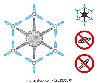 Mesh hexacopter polygonal web symbol vector illustration. Carcass model is based on hexacopter flat icon. Triangle network forms abstract hexacopter flat carcass.