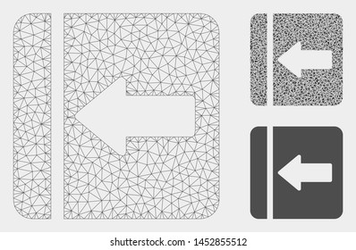 Mesh hide menu left model with triangle mosaic icon. Wire carcass triangular mesh of hide menu left. Vector composition of triangle parts in various sizes, and color tones.