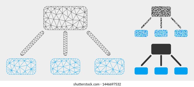Mesh hierarchy model with triangle mosaic icon. Wire frame polygonal mesh of hierarchy. Vector mosaic of triangle parts in various sizes, and color tones. Abstract 2d mesh hierarchy,