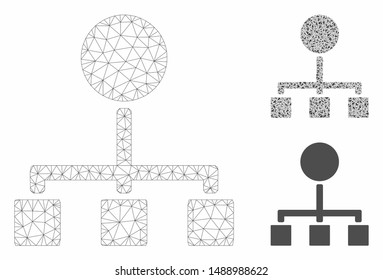 Mesh hierarchy model with triangle mosaic icon. Wire carcass polygonal mesh of hierarchy. Vector mosaic of triangle elements in different sizes, and color hues. Abstract 2d mesh hierarchy,