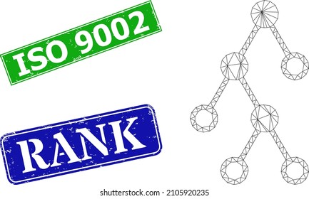 Mesh hierarchy nodes image, and ISO 9002 blue and green rectangle grunge seal prints. Mesh carcass illustration is designed with hierarchy nodes pictogram.