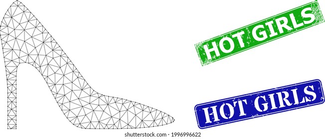 Mesh high heel lady shoe image, and Hot Girls blue and green rectangle grunge stamp seals. Mesh carcass illustration based on high heel lady shoe pictogram.