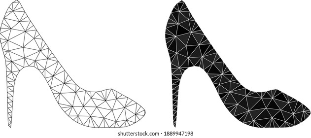 Mesh high heel shoe polygonal symbol illustrations, filled and carcass versions. Vector net mesh high heel shoe icons. Wire carcass and filled 2D net abstract symbols based on high heel shoe icon.