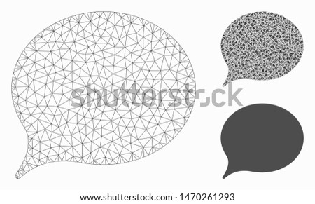 Mesh hint balloon model with triangle mosaic icon. Wire frame polygonal network of hint balloon. Vector composition of triangle parts in different sizes, and color hues.