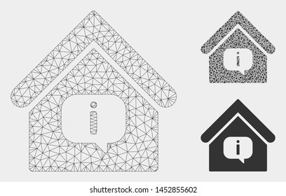 Mesh hint building model with triangle mosaic icon. Wire carcass triangular mesh of hint building. Vector mosaic of triangle parts in various sizes, and color tinges. Abstract flat mesh hint building,