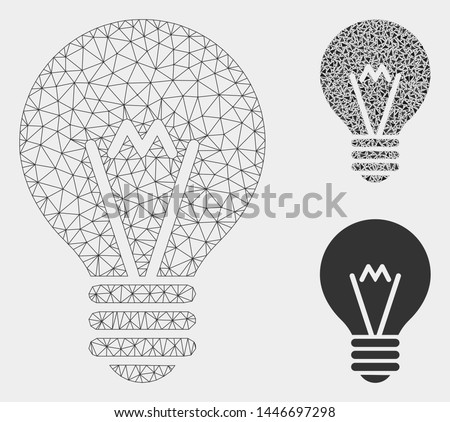 Mesh hint bulb model with triangle mosaic icon. Wire carcass polygonal mesh of hint bulb. Vector composition of triangle parts in variable sizes, and color hues. Abstract 2d mesh hint bulb,