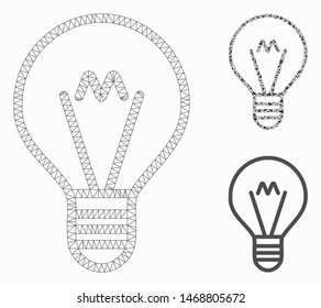 Mesh hint lamp model with triangle mosaic icon. Wire frame polygonal mesh of hint lamp. Vector collage of triangle parts in different sizes, and color hues. Abstract flat mesh hint lamp,
