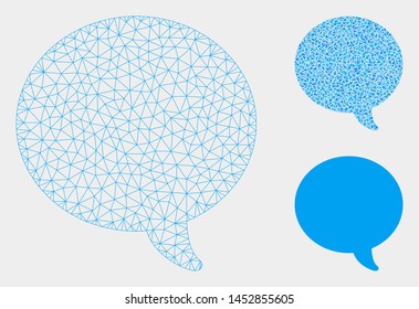Mesh hint model with triangle mosaic icon. Wire frame triangular network of hint. Vector mosaic of triangle parts in variable sizes, and color hues. Abstract 2d mesh hint, built from triangular grid.