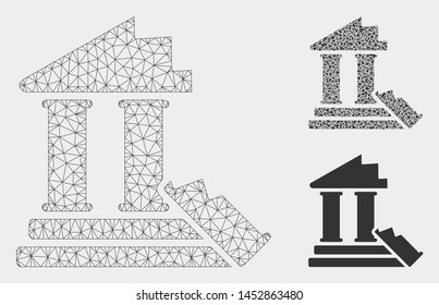 Mesh historic ruins model with triangle mosaic icon. Wire frame triangular mesh of historic ruins. Vector mosaic of triangle parts in variable sizes, and color shades. Abstract 2d mesh historic ruins,