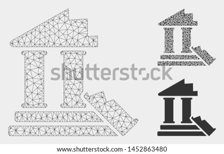 Mesh historic ruins model with triangle mosaic icon. Wire frame triangular mesh of historic ruins. Vector mosaic of triangle parts in variable sizes, and color shades. Abstract 2d mesh historic ruins,