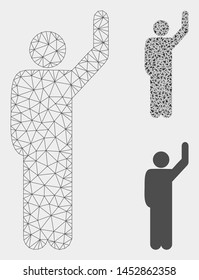 Mesh hitchhike pose model with triangle mosaic icon. Wire frame triangular mesh of hitchhike pose. Vector mosaic of triangle elements in variable sizes, and color shades.