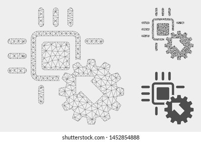 Mesh hitech processor and gear integration model with triangle mosaic icon. Wire carcass polygonal mesh of hitech processor and gear integration. Vector mosaic of triangle elements in different sizes,