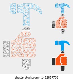 Mesh hold hammer model with triangle mosaic icon. Wire carcass polygonal mesh of hold hammer. Vector mosaic of triangle elements in different sizes, and color shades. Abstract 2d mesh hold hammer,