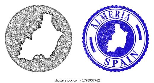 Mesh hole round Almeria Province map and grunge seal stamp. Almeria Province map is inverted in a round stamp seal. Web mesh vector Almeria Province map in a circle. Blue round distress seal stamp.