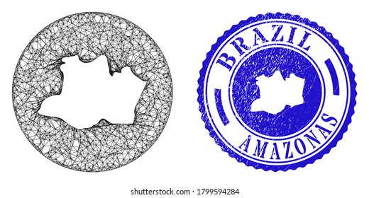 Mesh hole round Amazonas State map and grunge stamp. Amazonas State map is a hole in a round stamp. Web carcass vector Amazonas State map in a circle. Blue round grunge seal stamp.