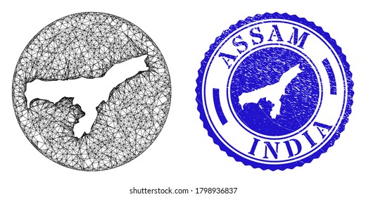 Mesh hole round Assam State map and scratched stamp. Assam State map is stencil in a round stamp seal. Web mesh vector Assam State map in a circle. Blue round scratched stamp.