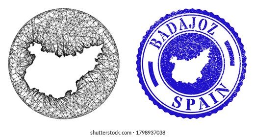Mesh hole round Badajoz Province map and scratched stamp. Badajoz Province map is a hole in a round stamp seal. Web carcass vector Badajoz Province map in a circle. Blue round scratched seal stamp.