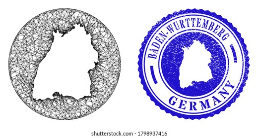 Mesh hole round Baden-Wurttemberg Land map and scratched seal stamp. Baden-Wurttemberg Land map is stencil in a circle stamp seal. Web mesh vector Baden-Wurttemberg Land map in a circle.