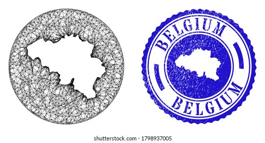 Mesh hole round Belgium map and grunge seal stamp. Belgium map is a hole in a circle stamp seal. Web mesh vector Belgium map in a circle. Blue round grunge seal stamp.